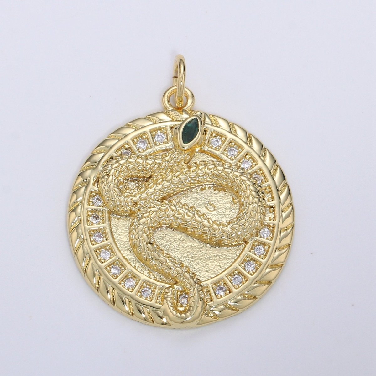 21mm 14k Gold Filled Snake Medallion CZ Pave Snake Charms, Green Eye Serpent Pendant, Micro Pave Snake Charm Coin Disc Snake Medallion D-225