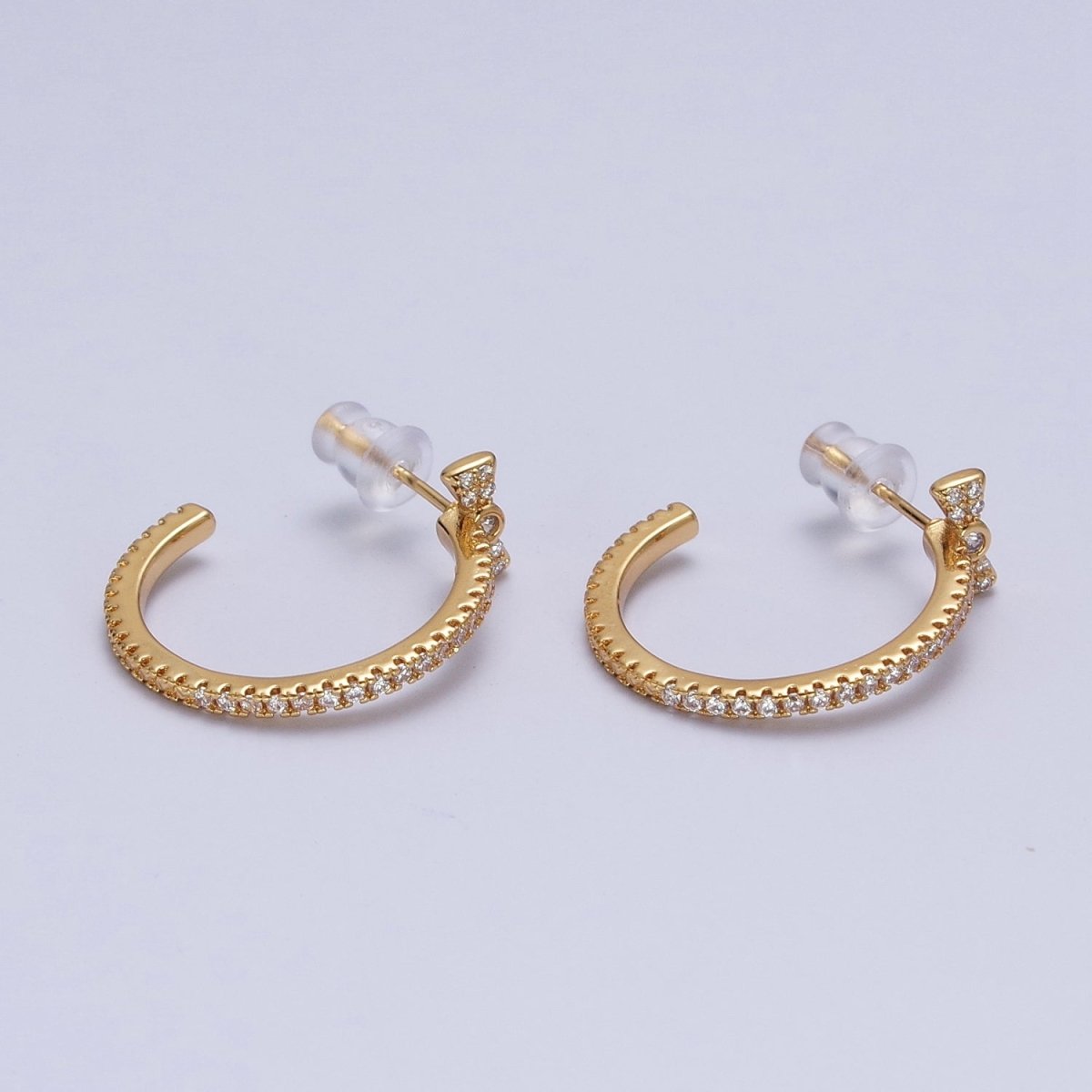 21mm Micro Pave Cubic Zirconia CZ Ribbon Round Open C Shaped Hoop Stud Earrings | AD-508