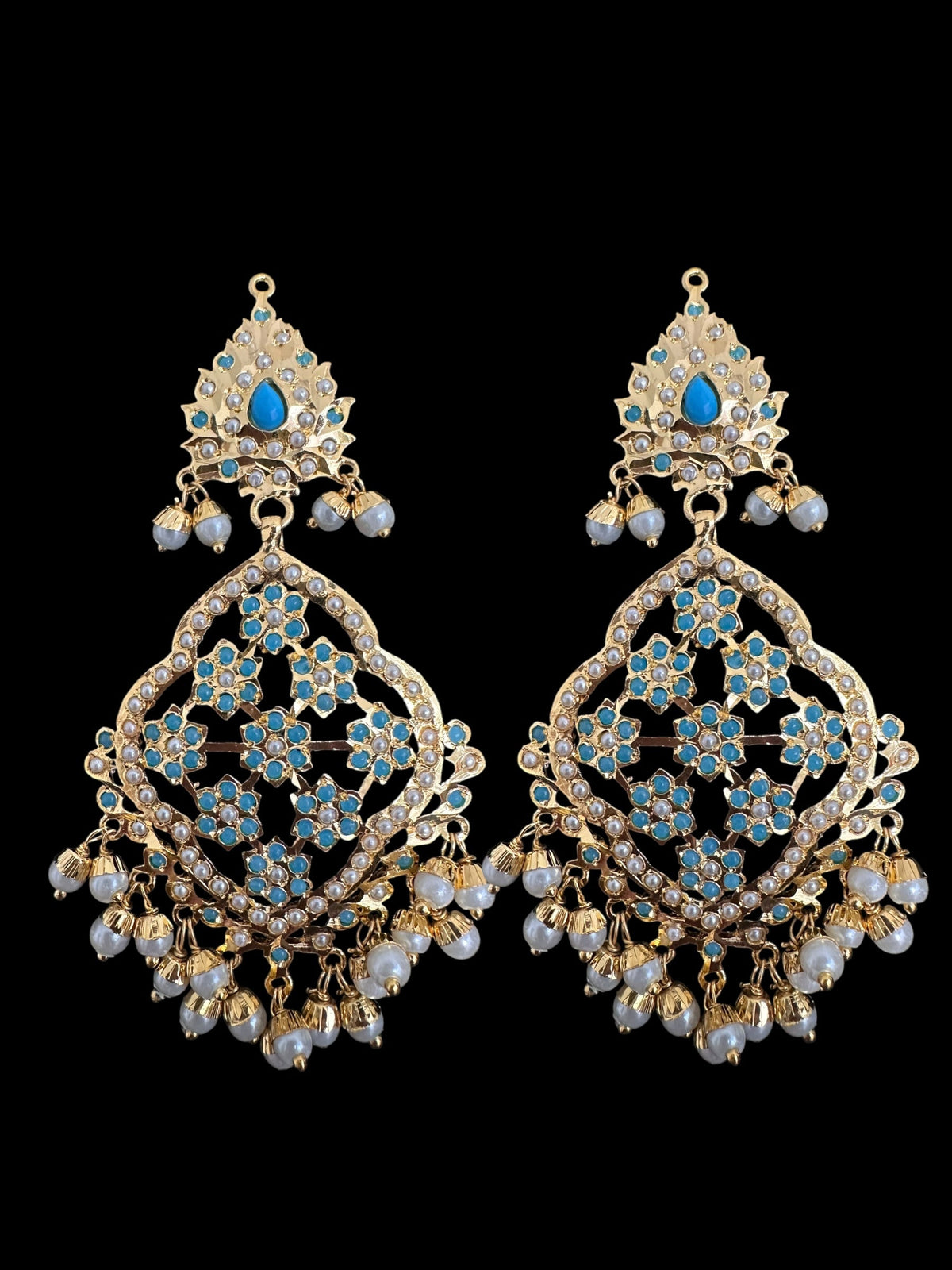 DJET91 Mehru Jadau chandbali earrings tika in turquoise/feroza pearls ( READY TO SHIP )