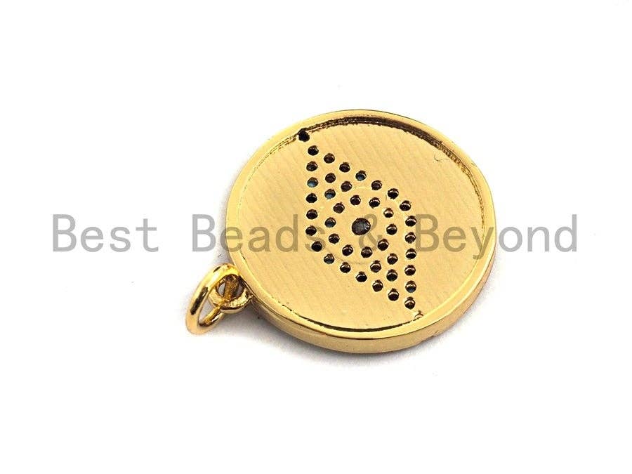 CZ Colorful Micro Pave Round Gold With Evil Eye Pendant, Coin Shaped Pave Pendant, Gold plated,18x20mm, Sku#F868