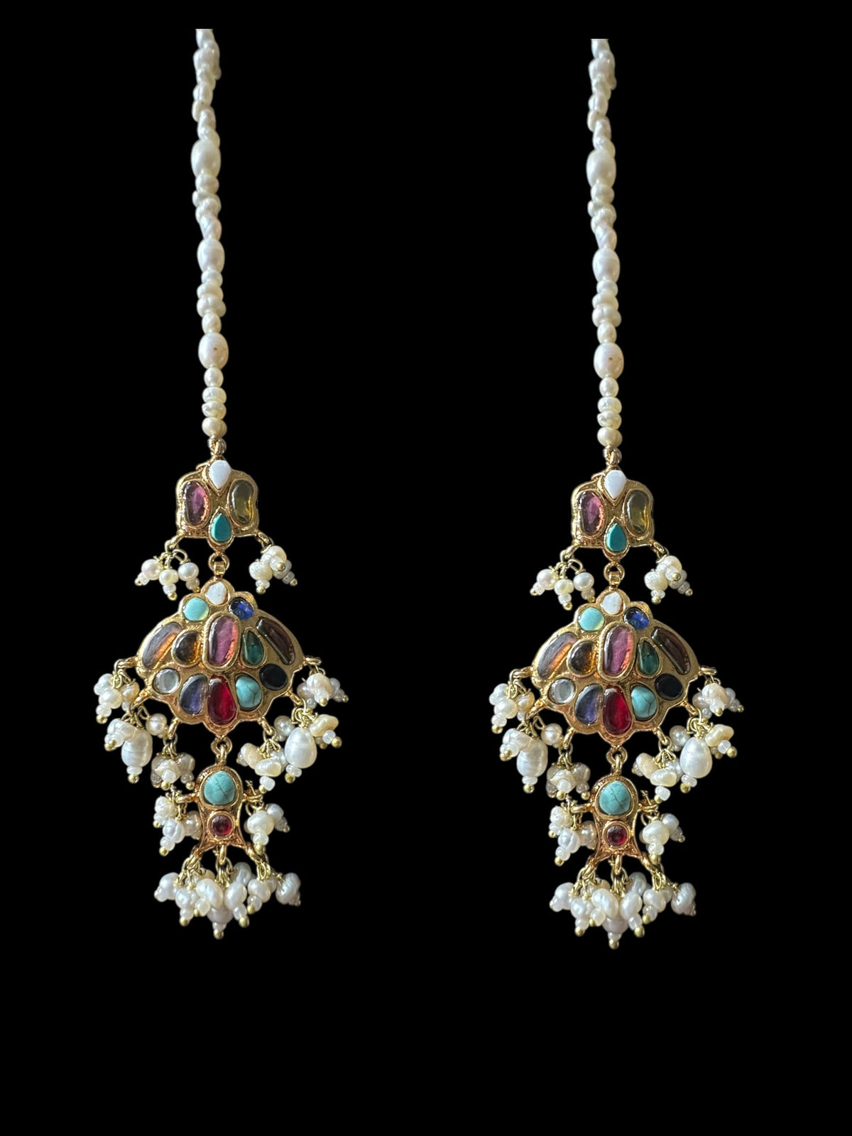 C547 Navratan bridal choker earrings set in fresh water pearls ( READY TO SHIP )