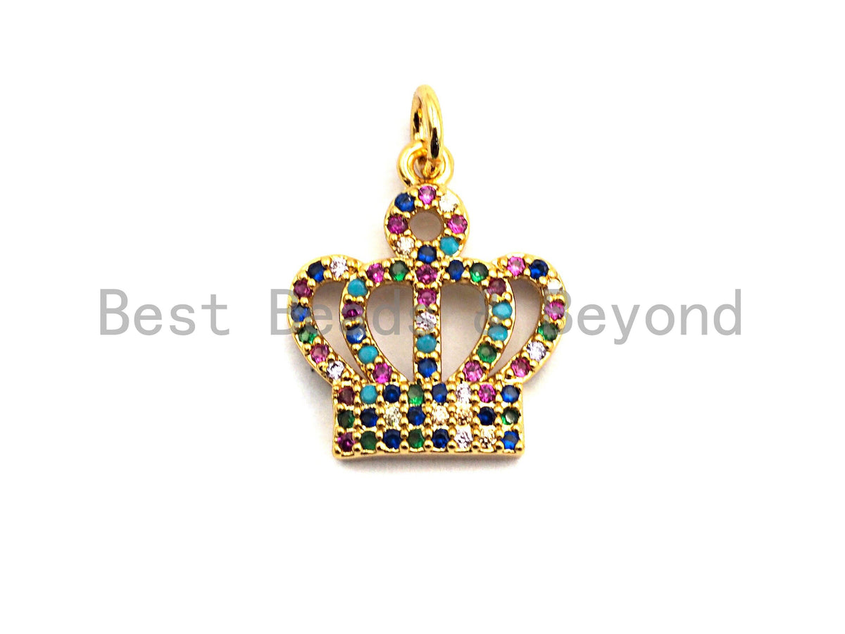 CZ Colorful Micro Pave Royal Crown Charm Pendant, Crown Shaped Pave Pendant, Gold plated, 17x15mm, Sku#F837