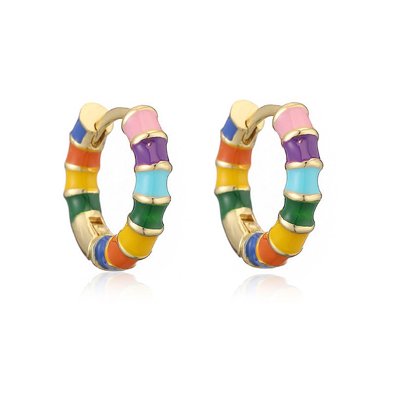 Colorful Dripping-Oil Circle Bamboo-Section Ear Clips