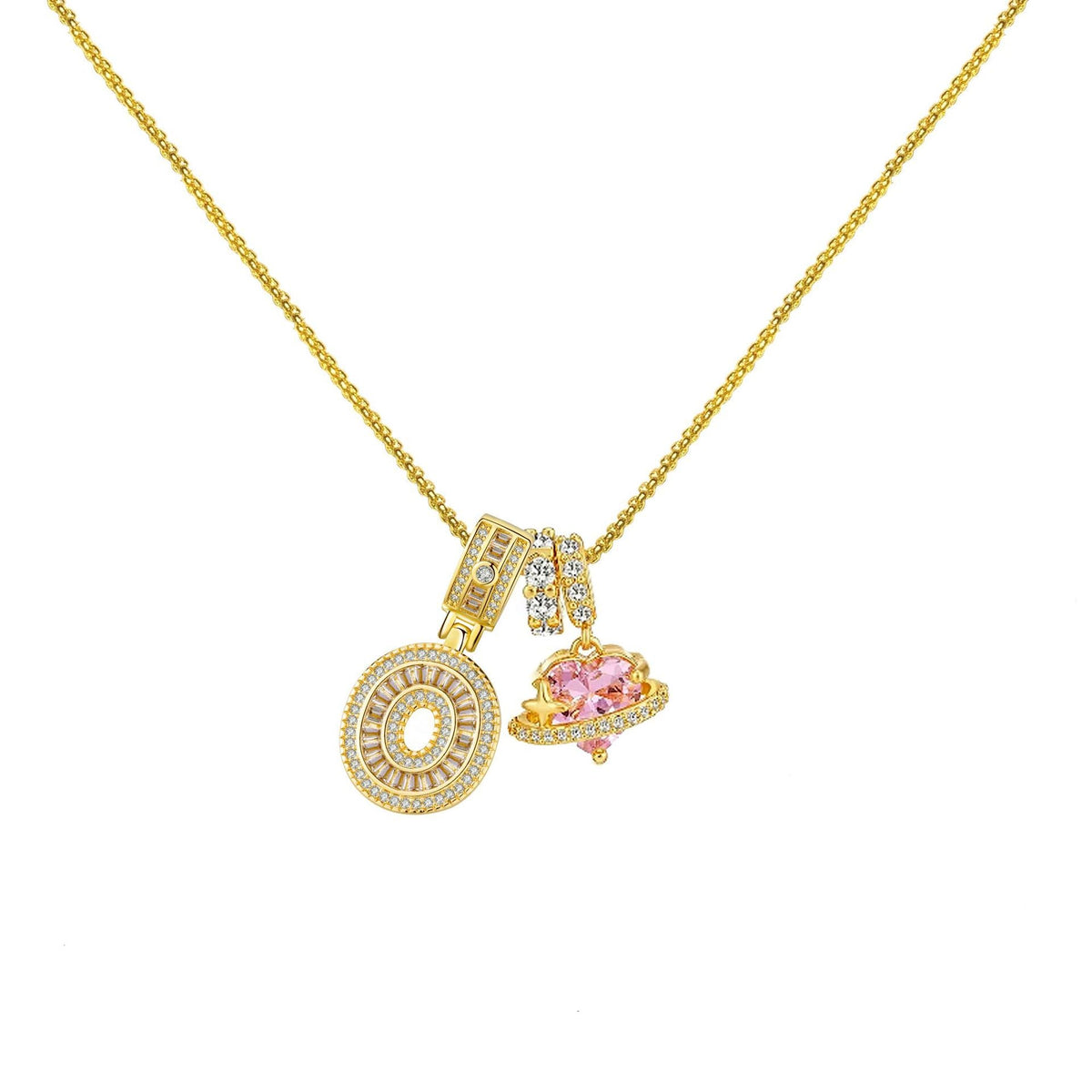Gold-Plated Copper Planet Heart Pendant Necklace With Diamonds