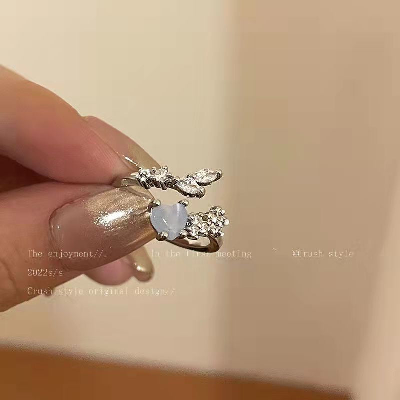 Sweet Cool Denim Texture Heart Zircon Ring, Dainty Light Luxury Jewelry For Women