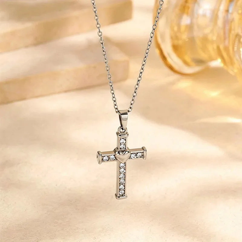 Stainless Steel Inlaid Rhinestone Heart-shaped Cross Pendant Necklace