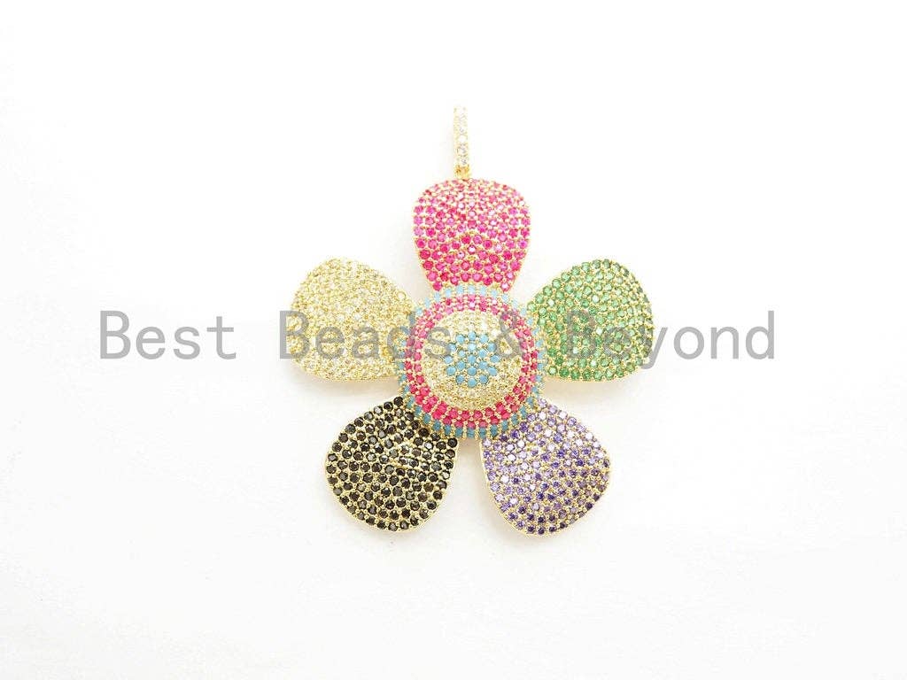 58mm Large CZ Multi-color Micro Pave Plum Flower Focal Pendant,Cubic Zirconia Paved Charm in Gold,Silver, Rose Gold,Gunmetal,sku#F488