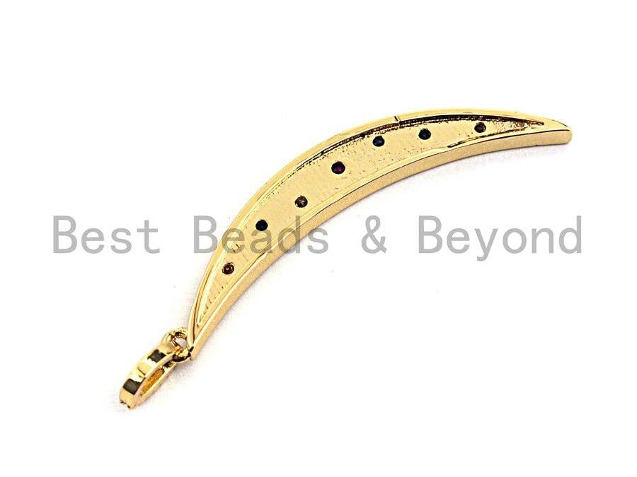 CZ Colorful Micro Pave Flat Crescent Moon Gold Pendant, Moon Shaped Pave Pendant, Gold plated, 7x49mm, Sku#F874