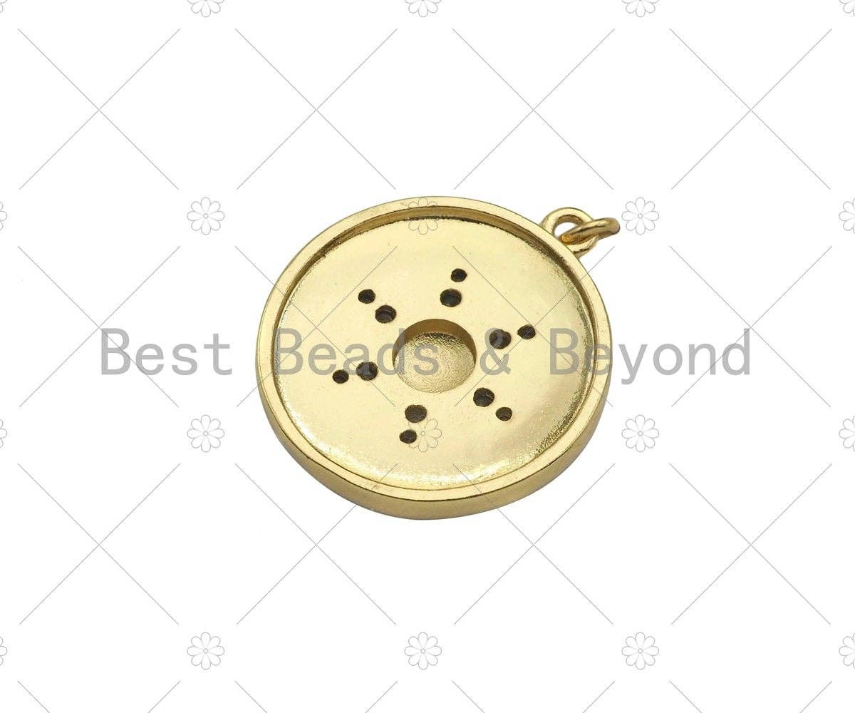 18K Gold Sunflower On Black White Enamel Round Coin Shape Pendant,CZ Micro Pave Enamel Medallion Charm, Enamel Jewelry, 24x21mm,Sku#B132