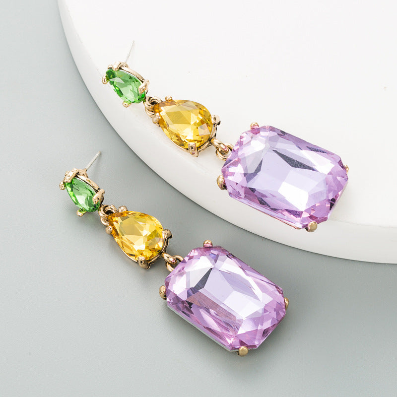 Sier Needle Stylish Colored Diamond Series Geometric Big Rhinestone Simple Earrings