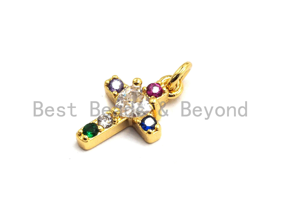 CZ Colorful Micro Pave Cross With Big CZ Pendant, Cross Shaped Pave Pendant, Gold plated, 9x14mm, Sku#F737