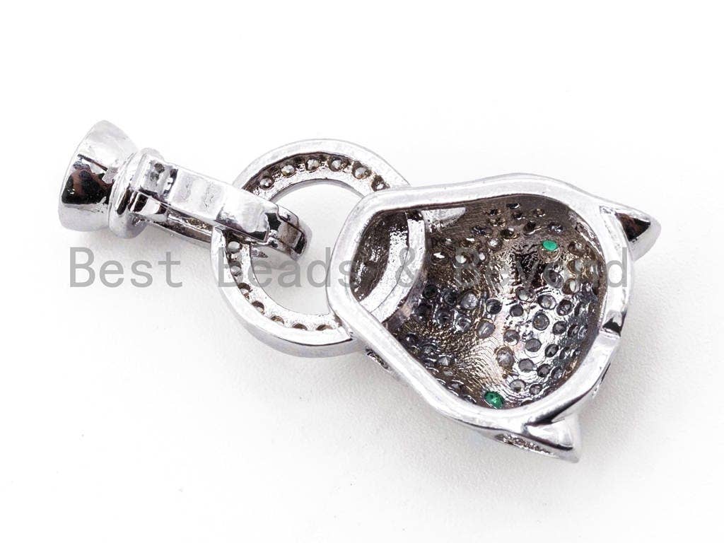 CZ Micro Pave 18K Gold Panther Leopard Head Buckle Interlocking Clasp, Green Eye Leopard Head Clasp for Jewelry Making, 30x13x7mm, sku#K54