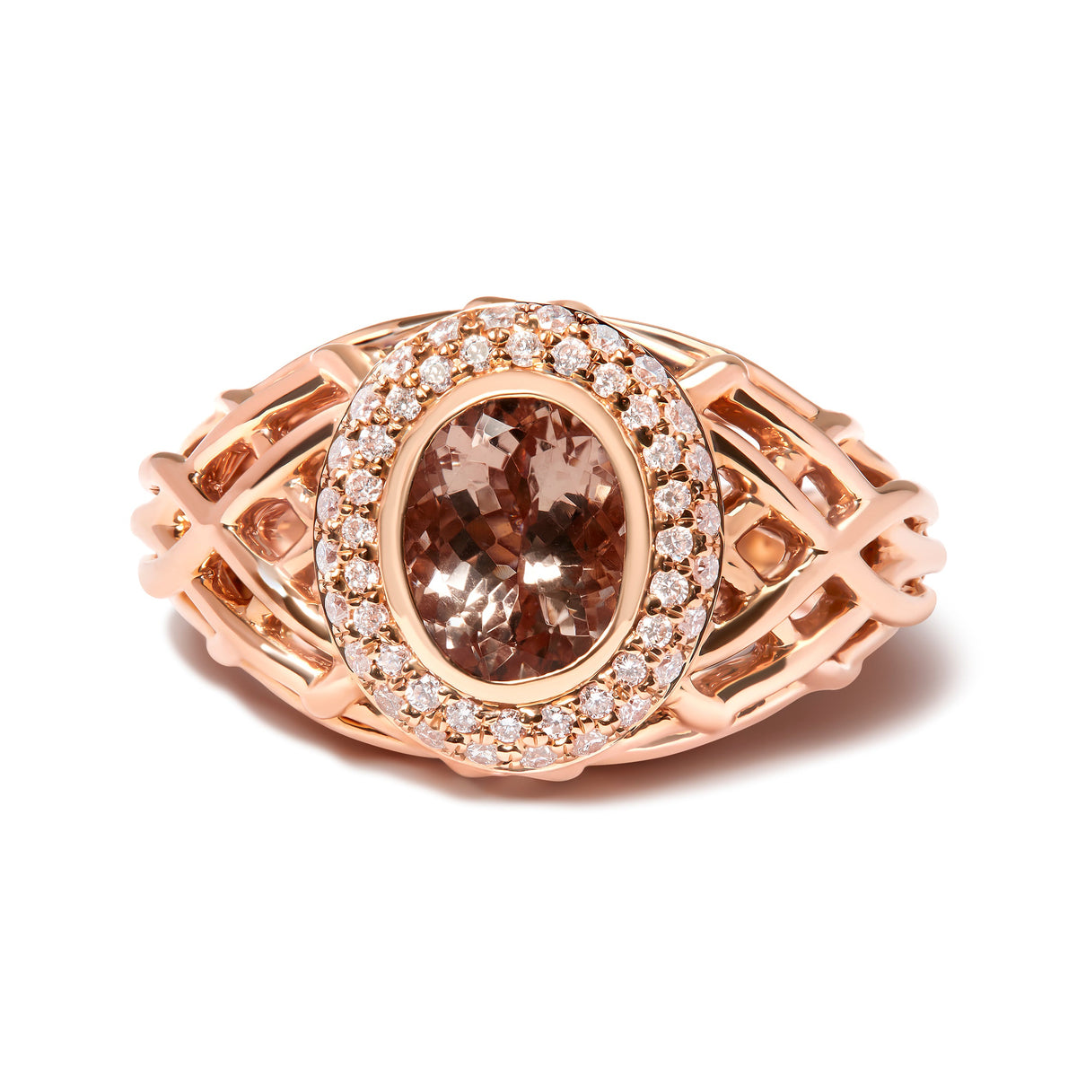 14K Rose Gold Oval Morganite and 3/8 Cttw Diamond Halo Basket Weave Cocktail Ring Size 7