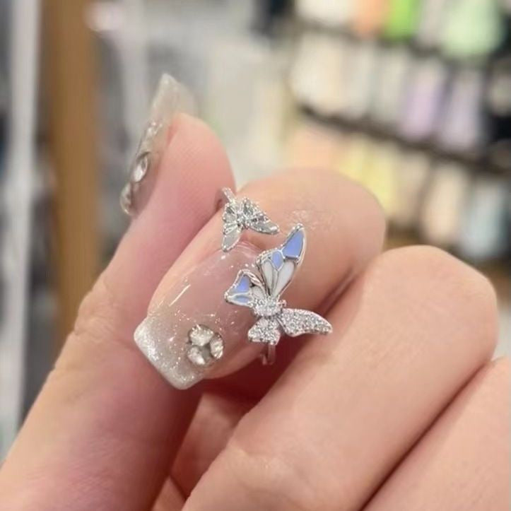 Blue Double Butterfly Open Ring For Women, New Vintage Luxury Delicate Fairy Style Adjustable Index Finger Band