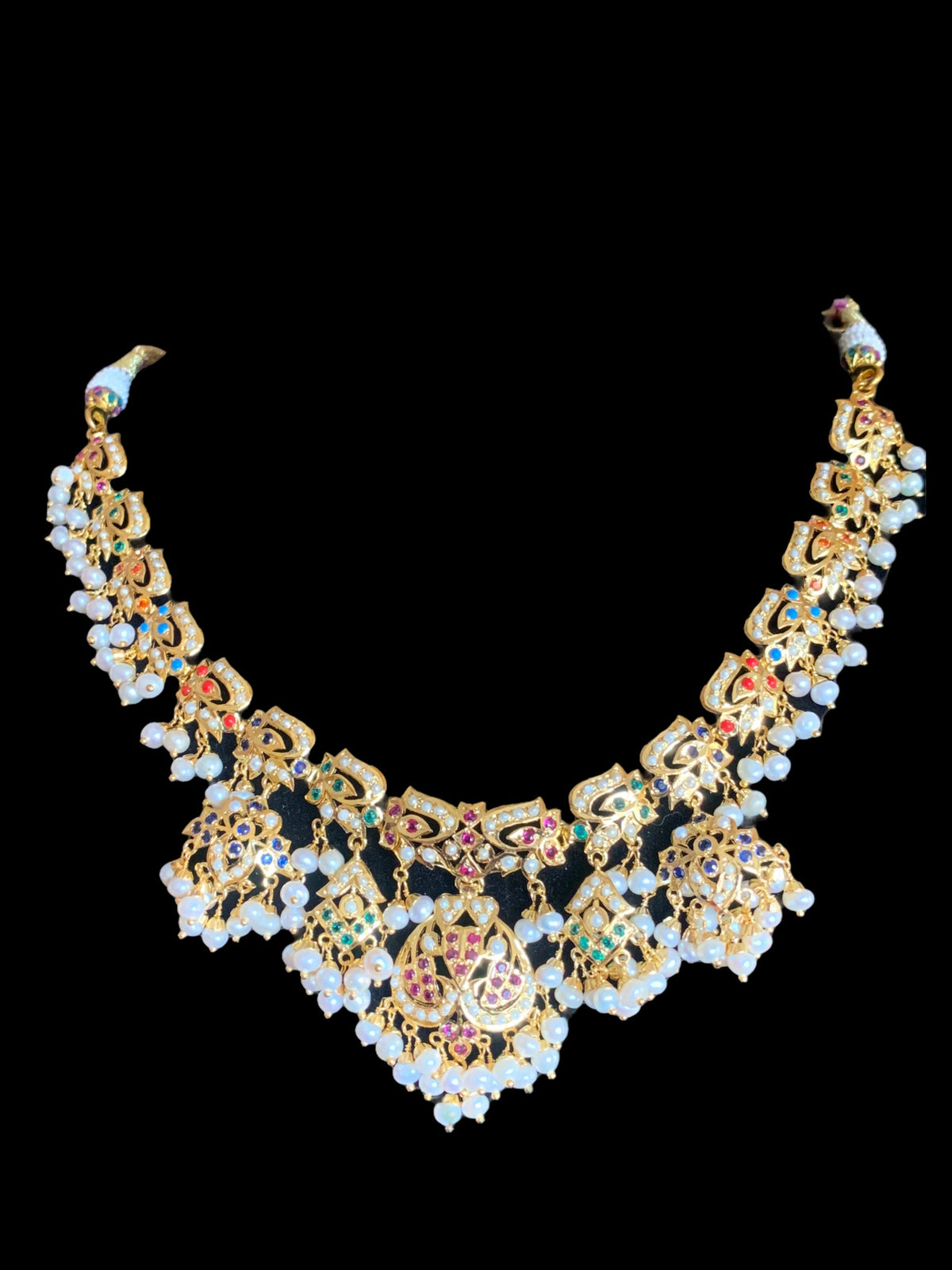Navratan necklace  set with fresh water pearls in gold plated silver ( READY TO SHIP )