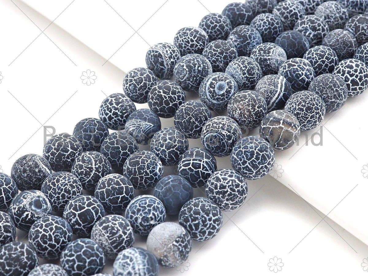 High Quality Natural Black Frosted Matte Fire Agate, Round 6mm/8mm/10mm/12mm Fire Agate, Black Cracked Agate, 15.5" Full Strand, sku#UA142