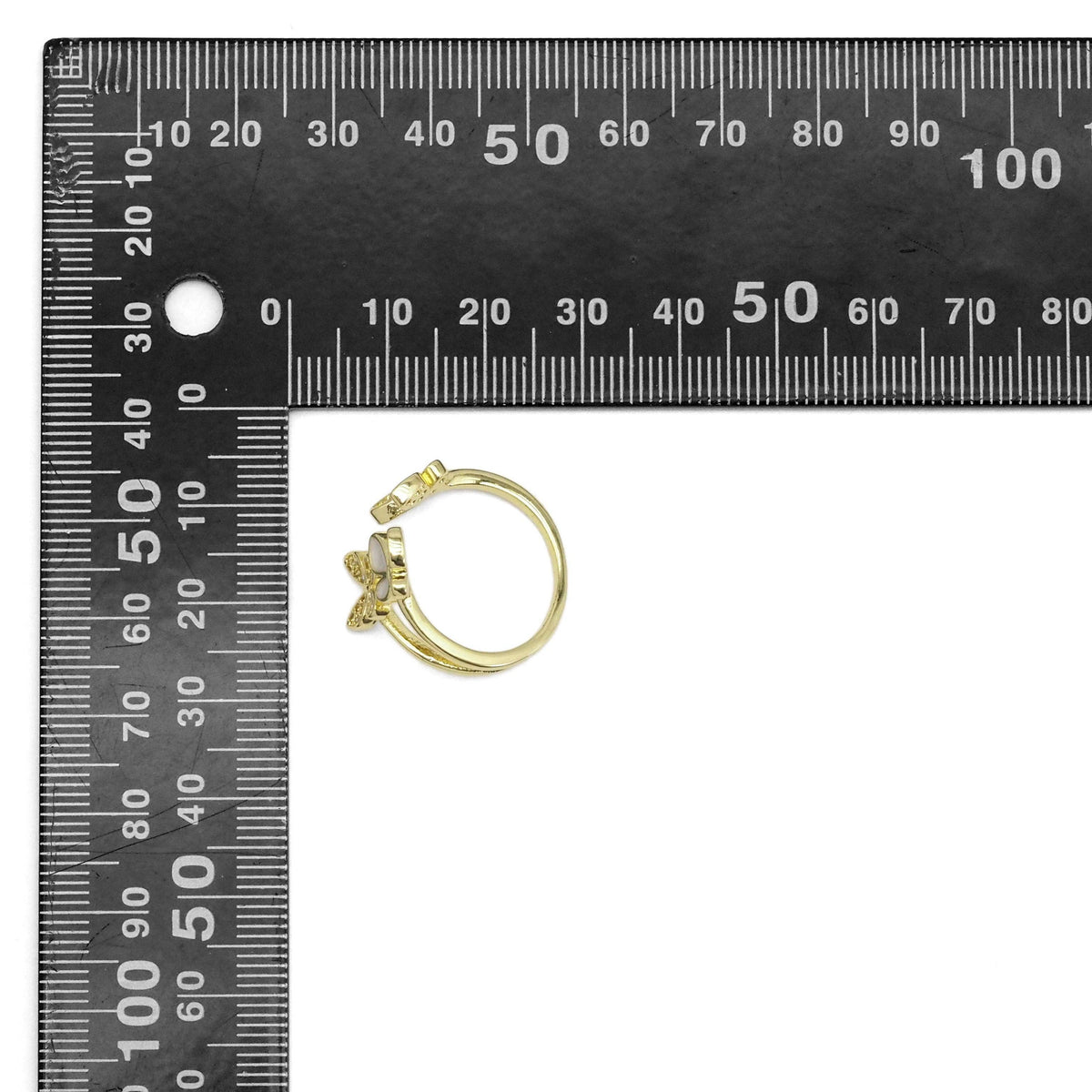 Gold CLear CZ White Enamel Butterfly Adjustable Ring, Sku#LD440
