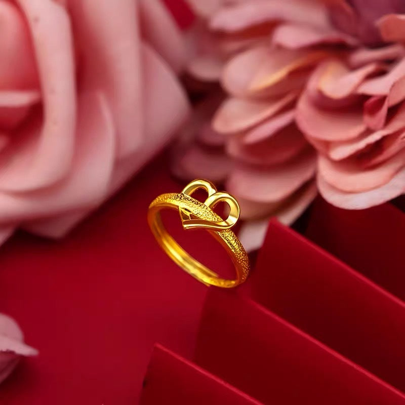 Vietnamese Sand Gold Plated Double Heart Ring For Women, Japanese & Korean Fashion Adjustable Open Love Ring