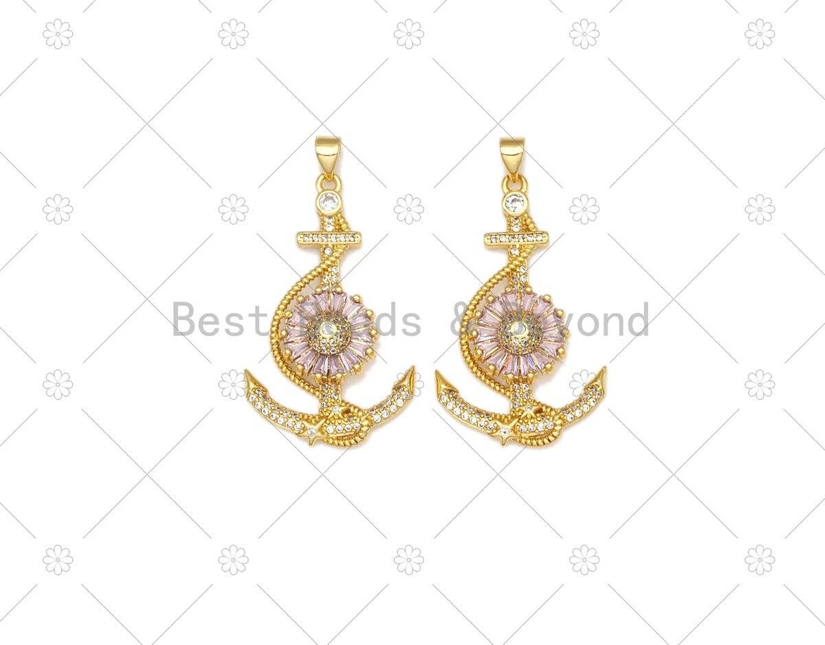 CZ Micro Pave Boat Anchor Shape Pendant, 18K Gold Filled Big Pink CZ Flower Charm, Necklace Bracelet Charm Pendant,22x36mm, Sku#LK472