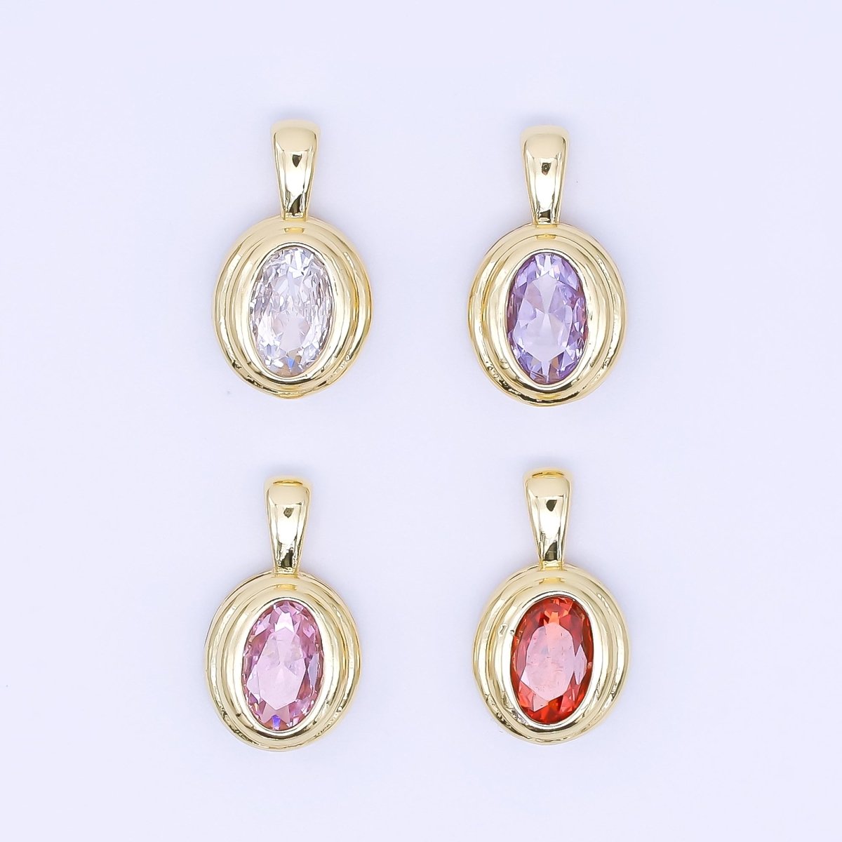 24K Gold Filled 12.5mm Pink, Purple, Clear, Orange CZ Bezel Outline Oval Pendant | AH479 AH480
