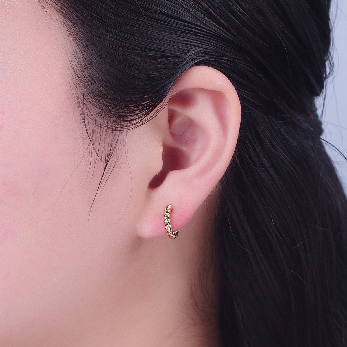 24K Gold Filled 12.5x11.5mm Mini Croissant Twist Huggie Hoop Earrings P-312