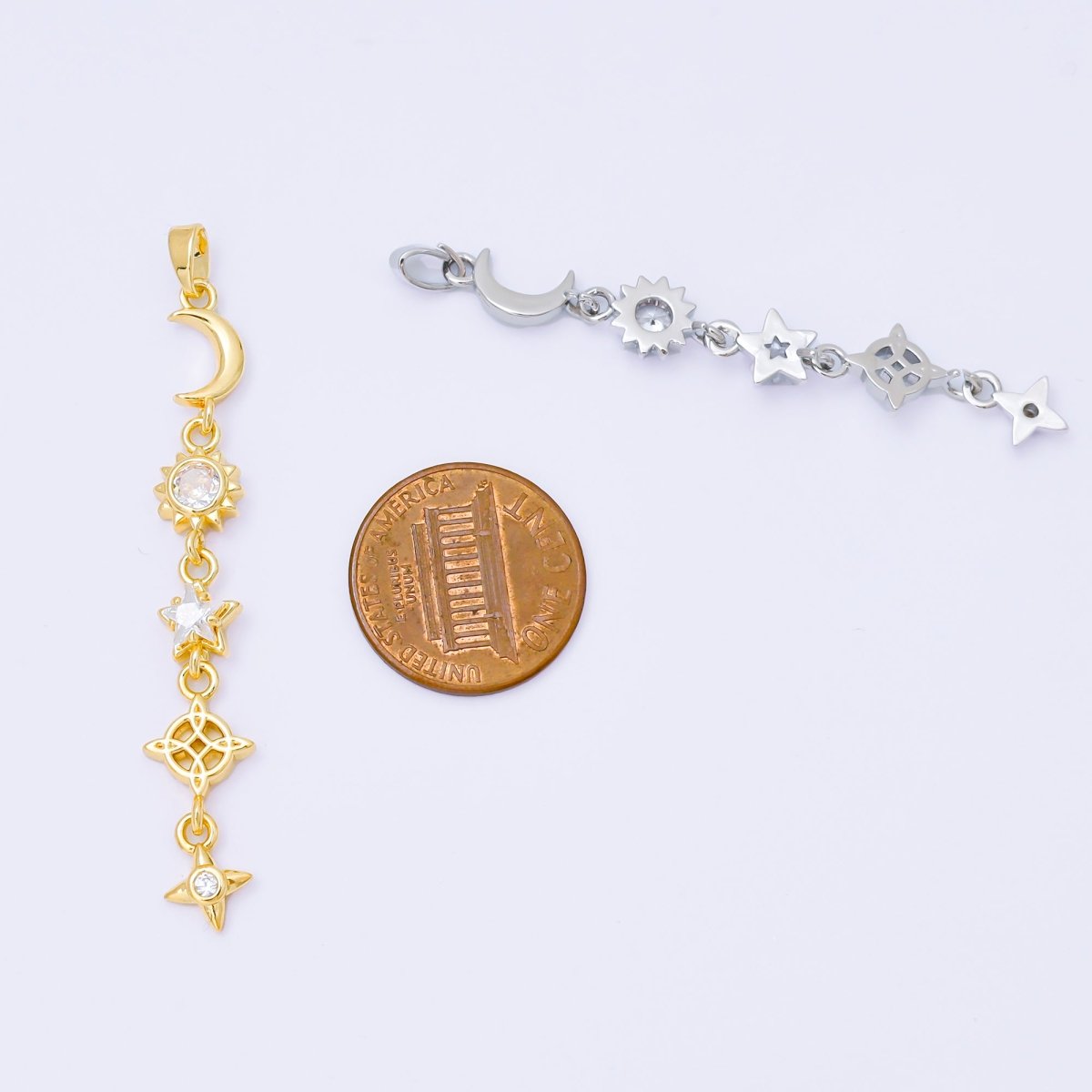 24K Gold Filled 13mm Clear CZ Celestial Sun Moon Star Pendant in Gold & Silver Drod Lariat Charm | AA1627