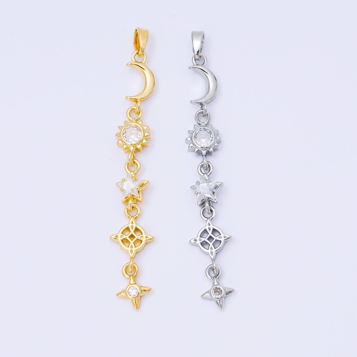 24K Gold Filled 13mm Clear CZ Celestial Sun Moon Star Pendant in Gold & Silver Drod Lariat Charm | AA1627