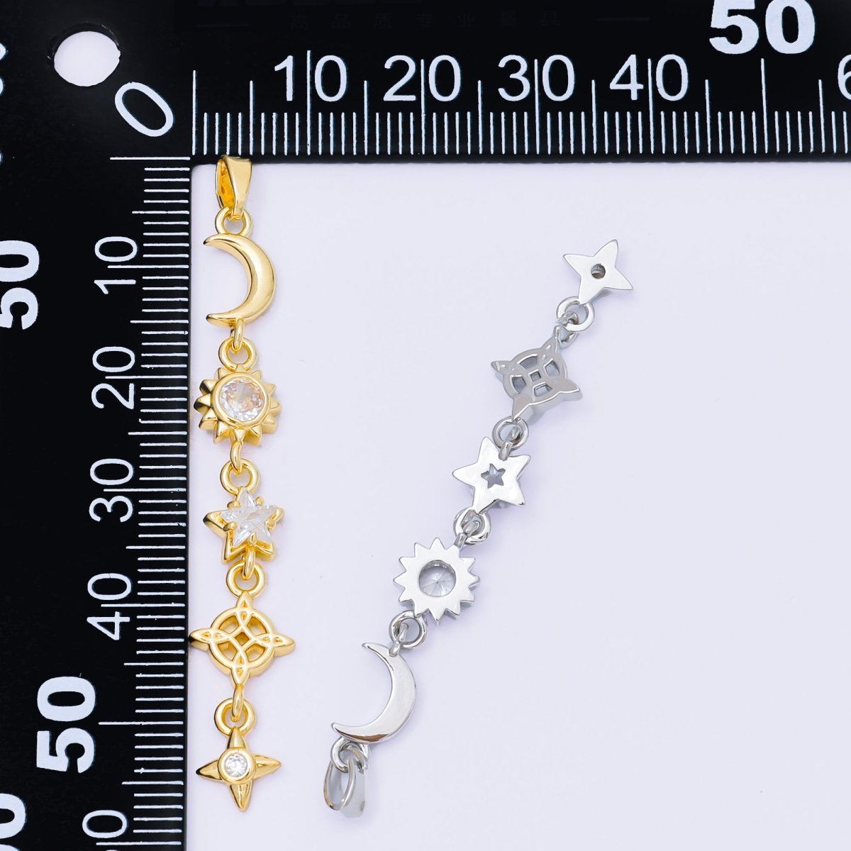 24K Gold Filled 13mm Clear CZ Celestial Sun Moon Star Pendant in Gold & Silver Drod Lariat Charm | AA1627