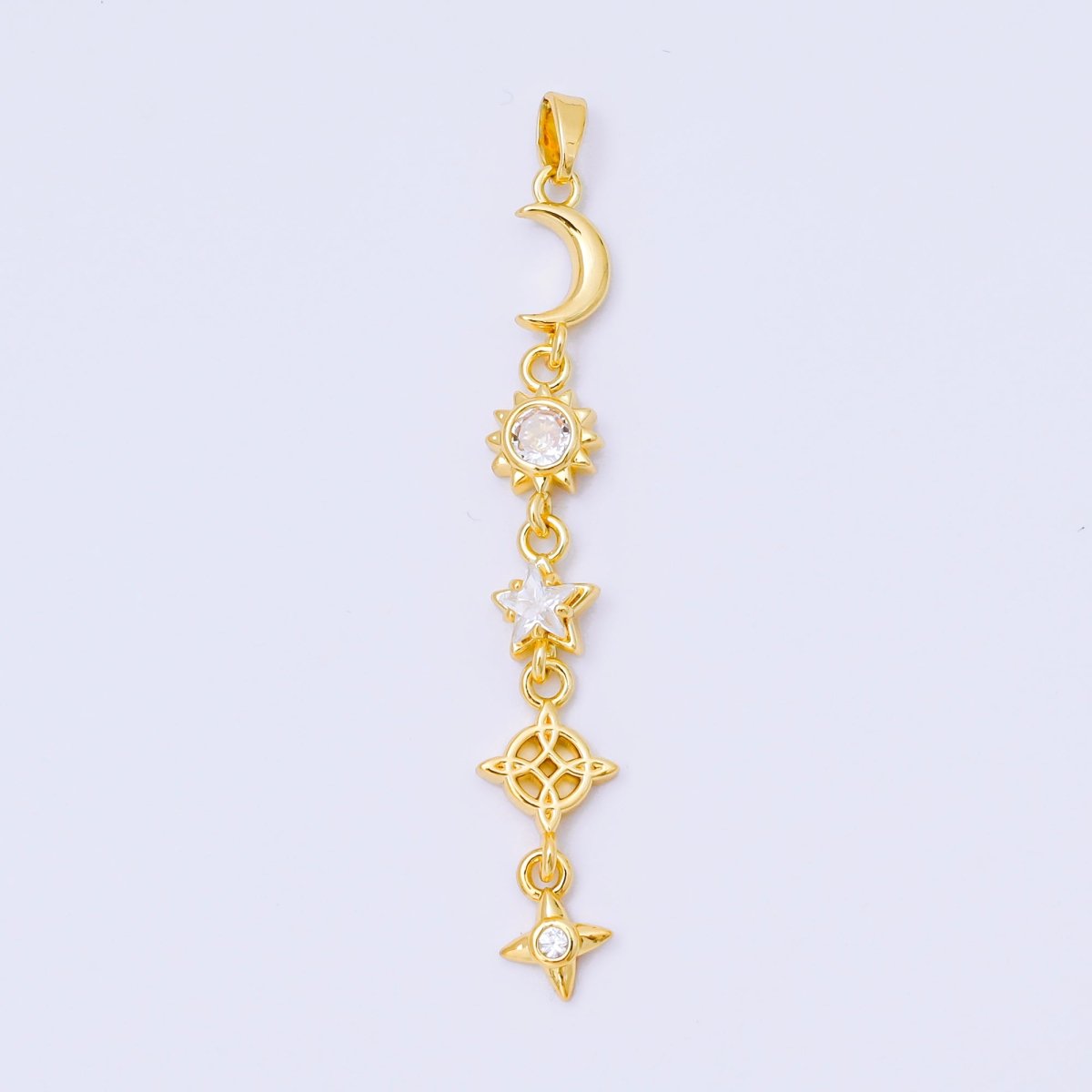 24K Gold Filled 13mm Clear CZ Celestial Sun Moon Star Pendant in Gold & Silver Drod Lariat Charm | AA1627