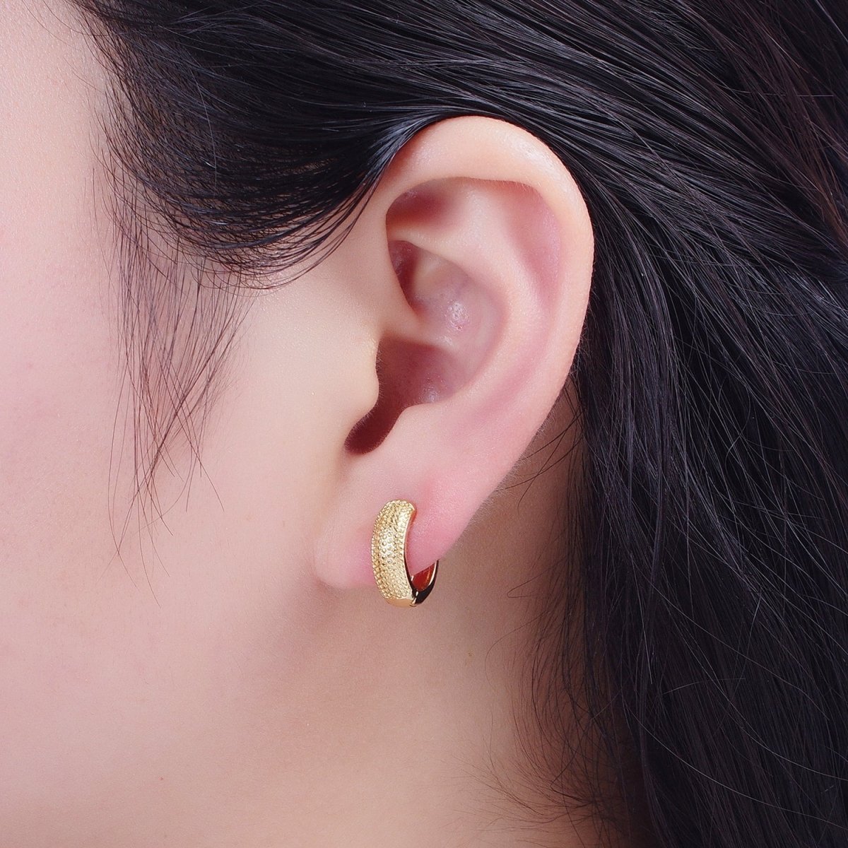 24K Gold Filled 14mm Textured Beaded Huggie Hoop Earrings T-186