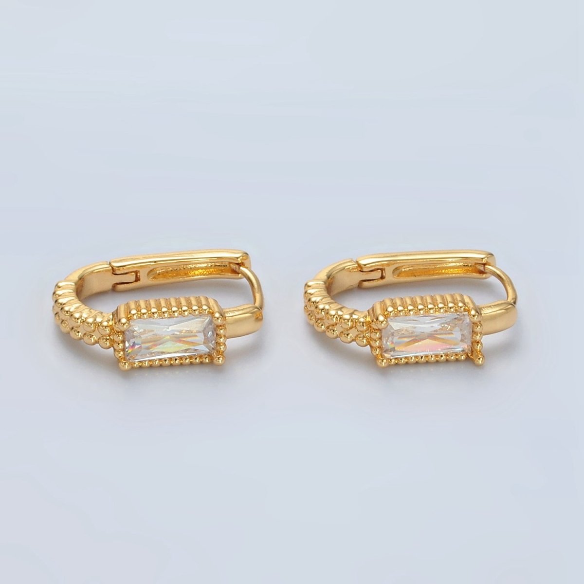 24K Gold Filled 18mm Baguette CZ Dotted Oblong Huggie Earrings | T093
