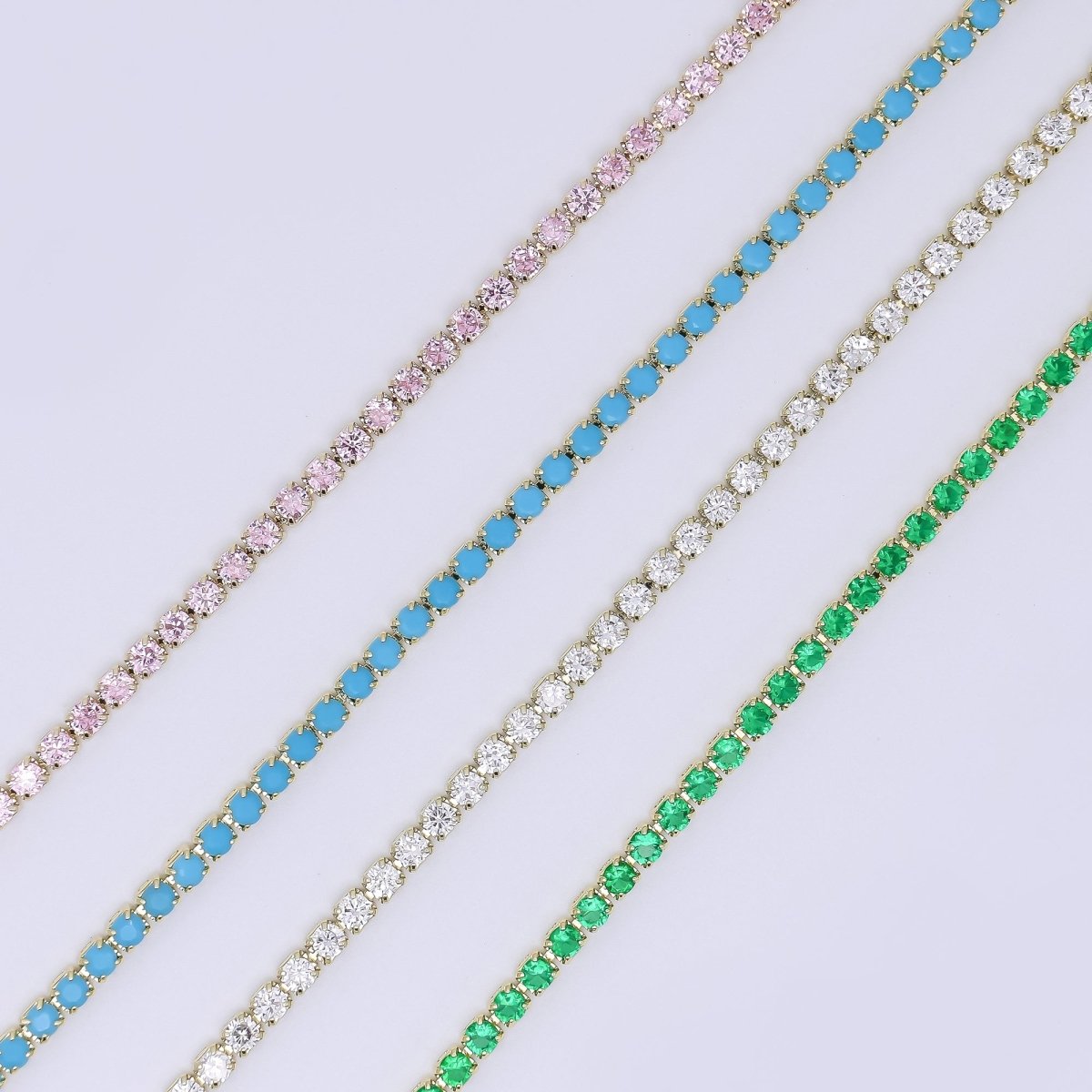 24K Gold Filled 2mm Green, Pink, Blue, Clear Classic Tennis Chain 7 Inch Bracelet | WA-3815 ~ WA-3818