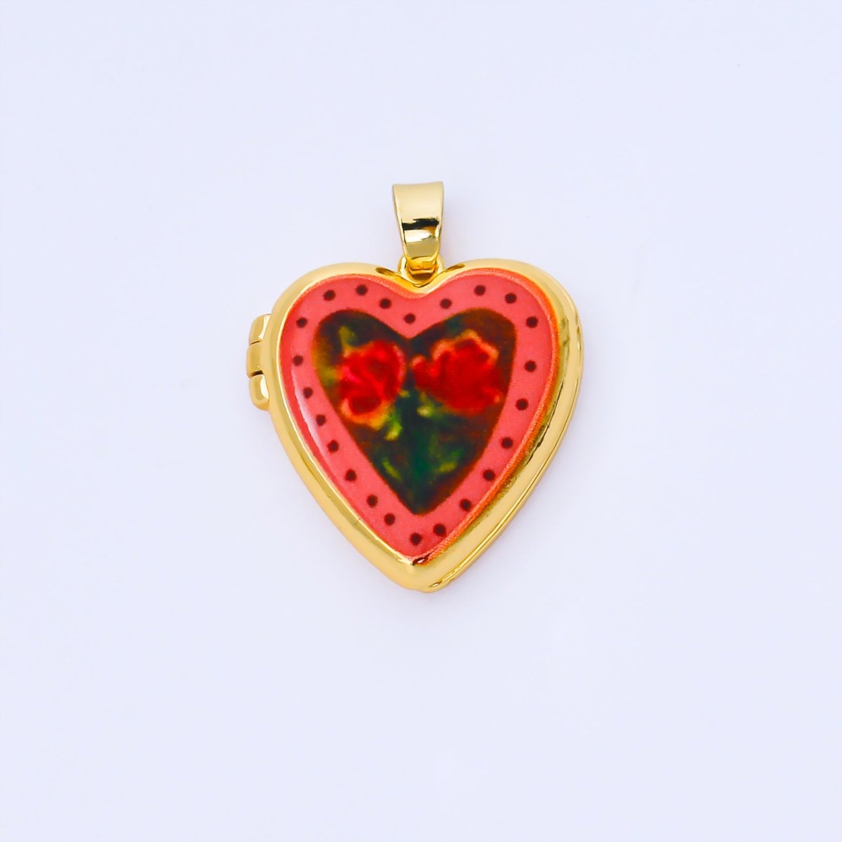 24K Gold Filled 22mm Hand-Painted Enamel Heart-Shaped Locket Flower Pendant | AA1613 ~ AA1617