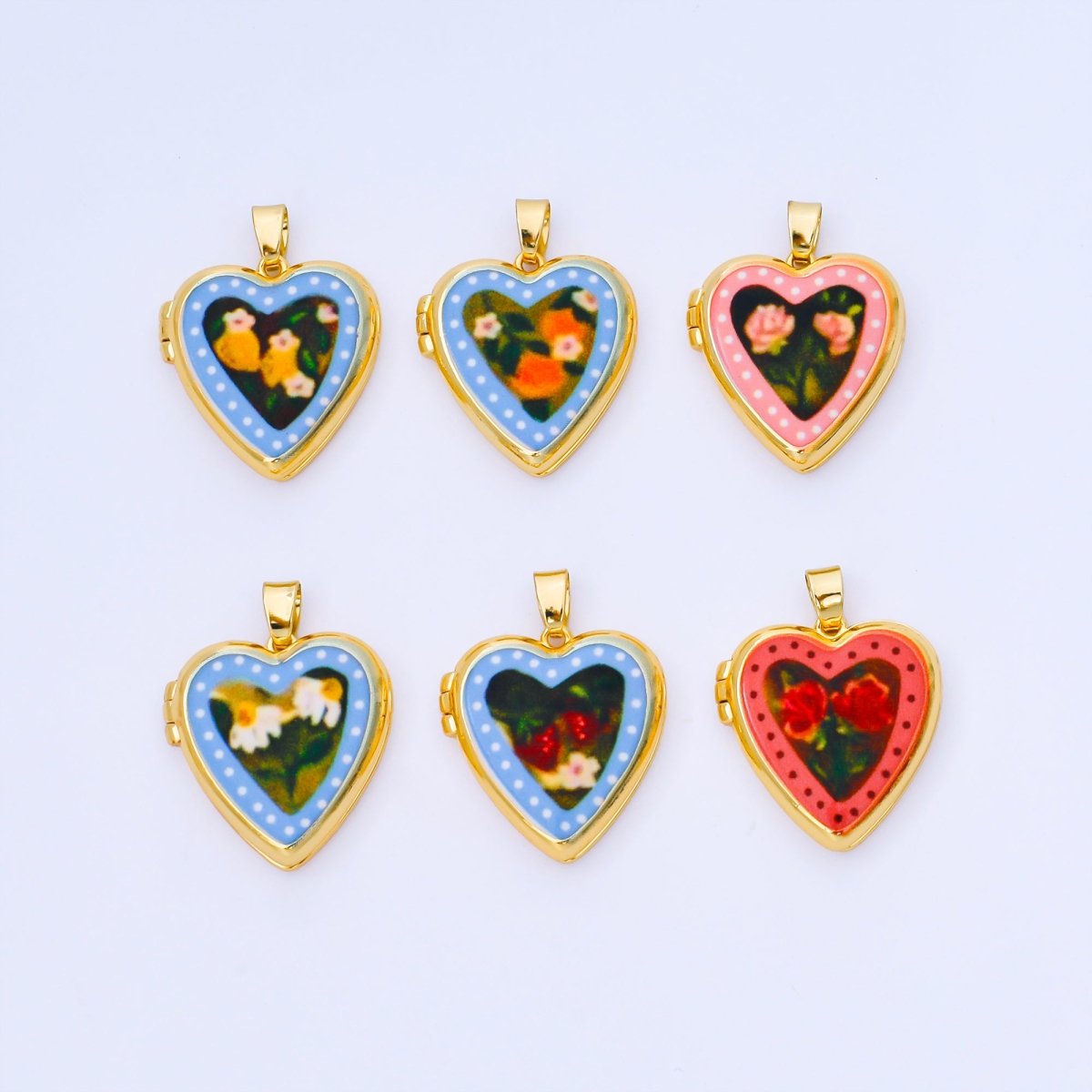 24K Gold Filled 22mm Hand-Painted Enamel Heart-Shaped Locket Flower Pendant | AA1613 ~ AA1617