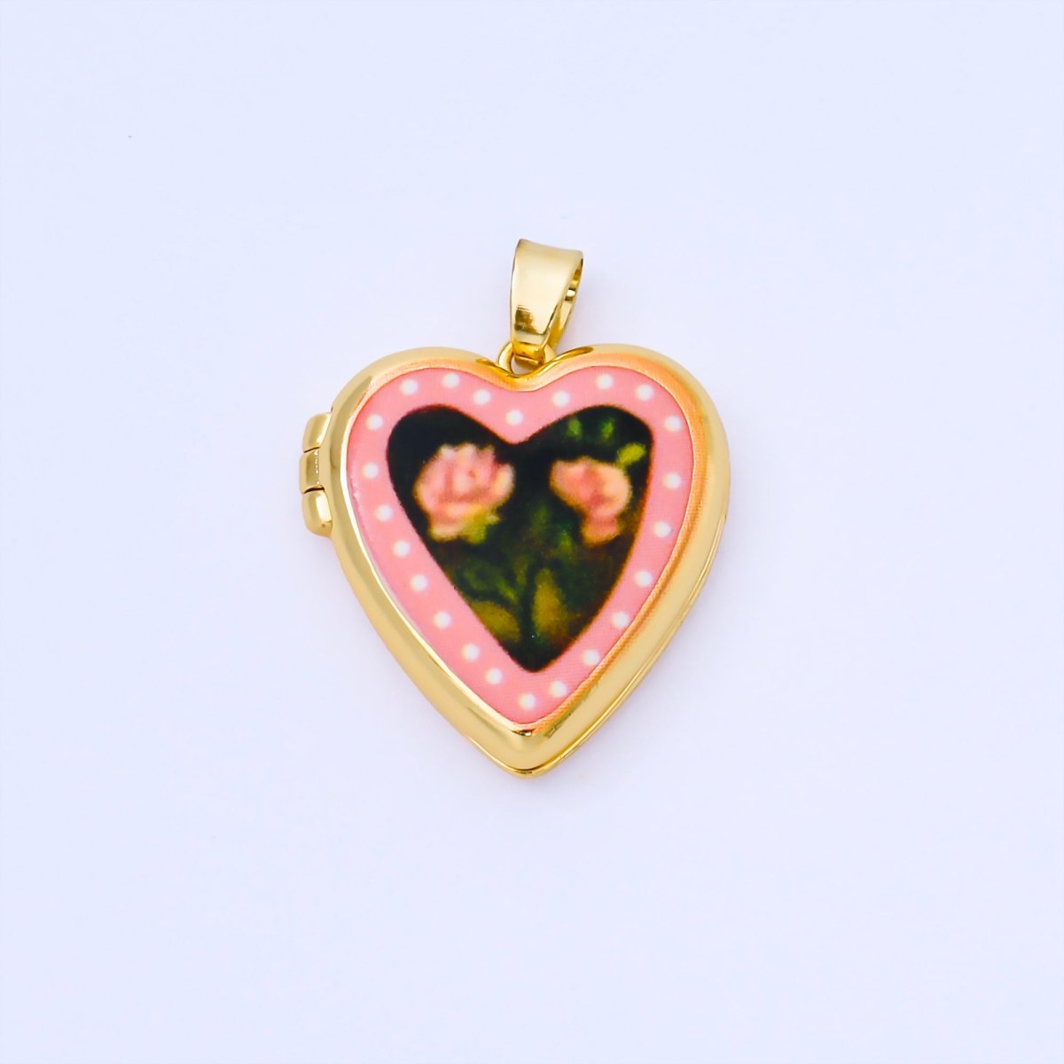 24K Gold Filled 22mm Hand-Painted Enamel Heart-Shaped Locket Flower Pendant | AA1613 ~ AA1617