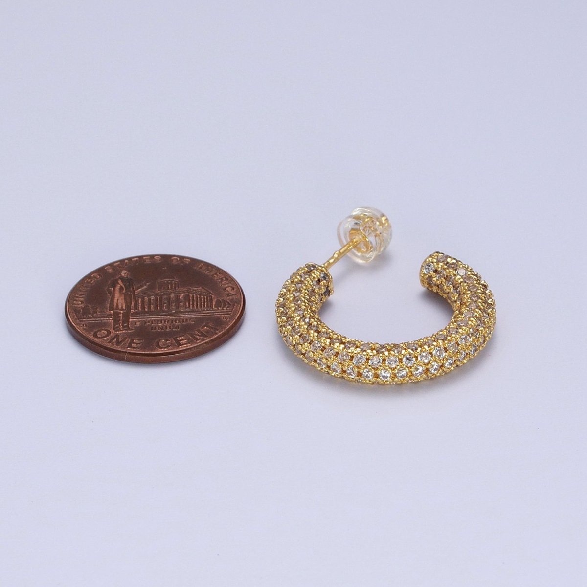 24K Gold Filled 23mm C-Shaped Clear Micro Paved CZ Hoop Stud Earrings | AB003