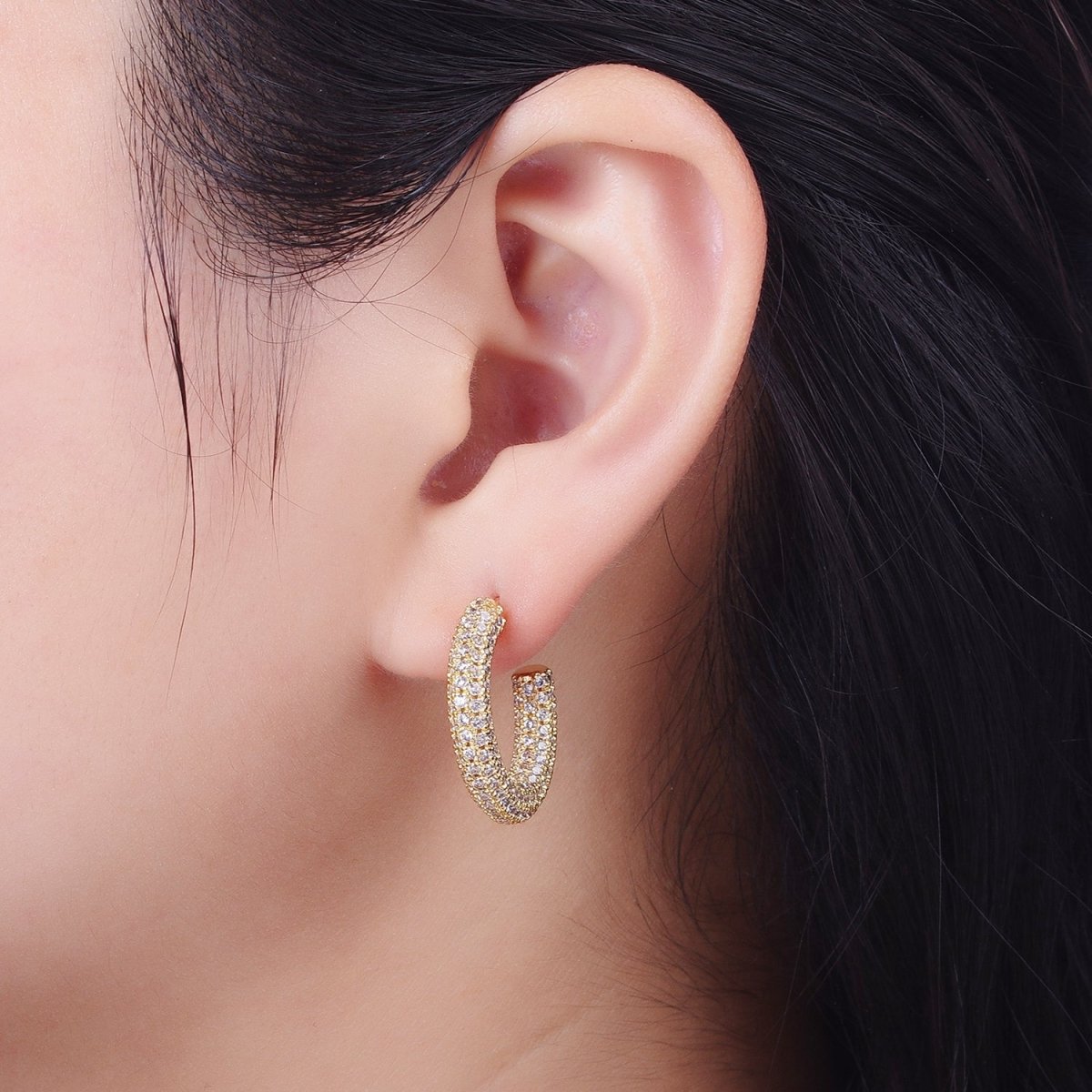 24K Gold Filled 23mm C-Shaped Clear Micro Paved CZ Hoop Stud Earrings | AB003