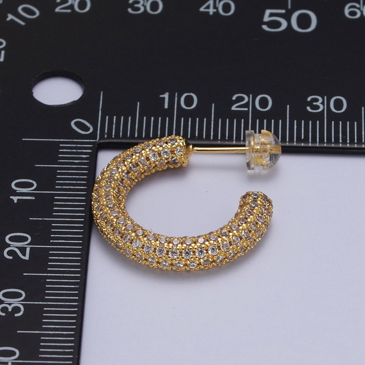 24K Gold Filled 23mm C-Shaped Clear Micro Paved CZ Hoop Stud Earrings | AB003