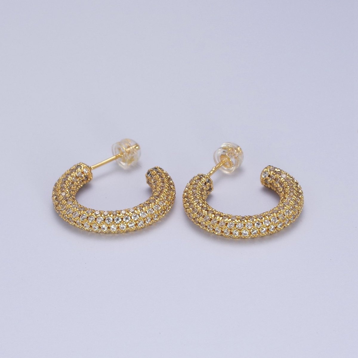 24K Gold Filled 23mm C-Shaped Clear Micro Paved CZ Hoop Stud Earrings | AB003