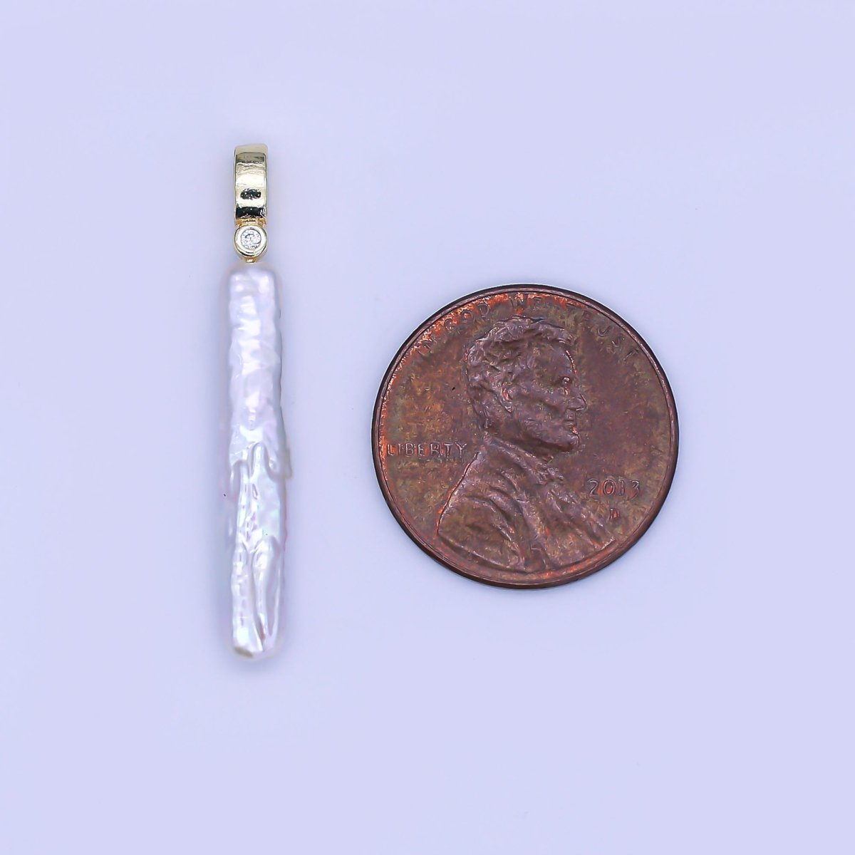 24K Gold Filled 32mm Freshwater Pearl Long Toothpick-Shaped Pendant | P-1713