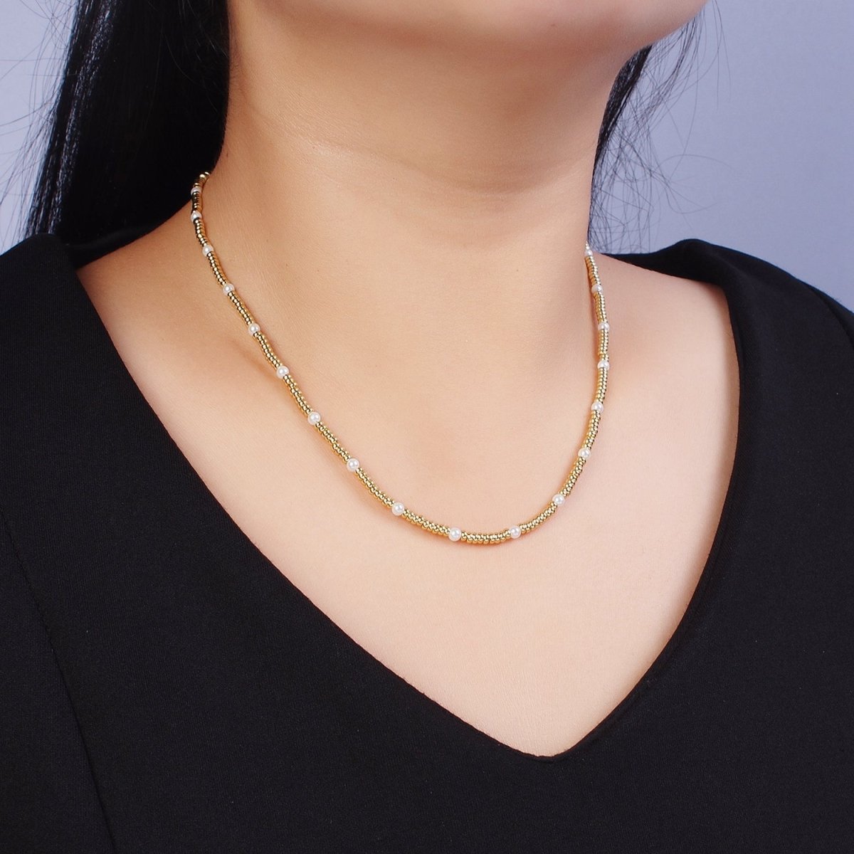 24K Gold Filled 3mm Spacer Bead Shell Pearl 16 Inch Choker Necklace | WA-1281 Clearance Pricing