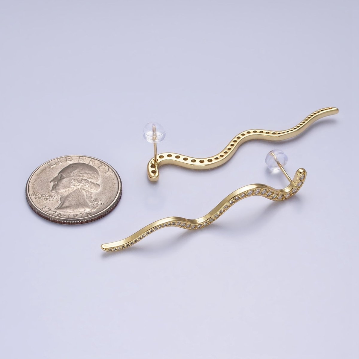 24K Gold Filled 55.7mm Slither Snake Micro Paved CZ Geometric Drop Stud Earrings | AB726