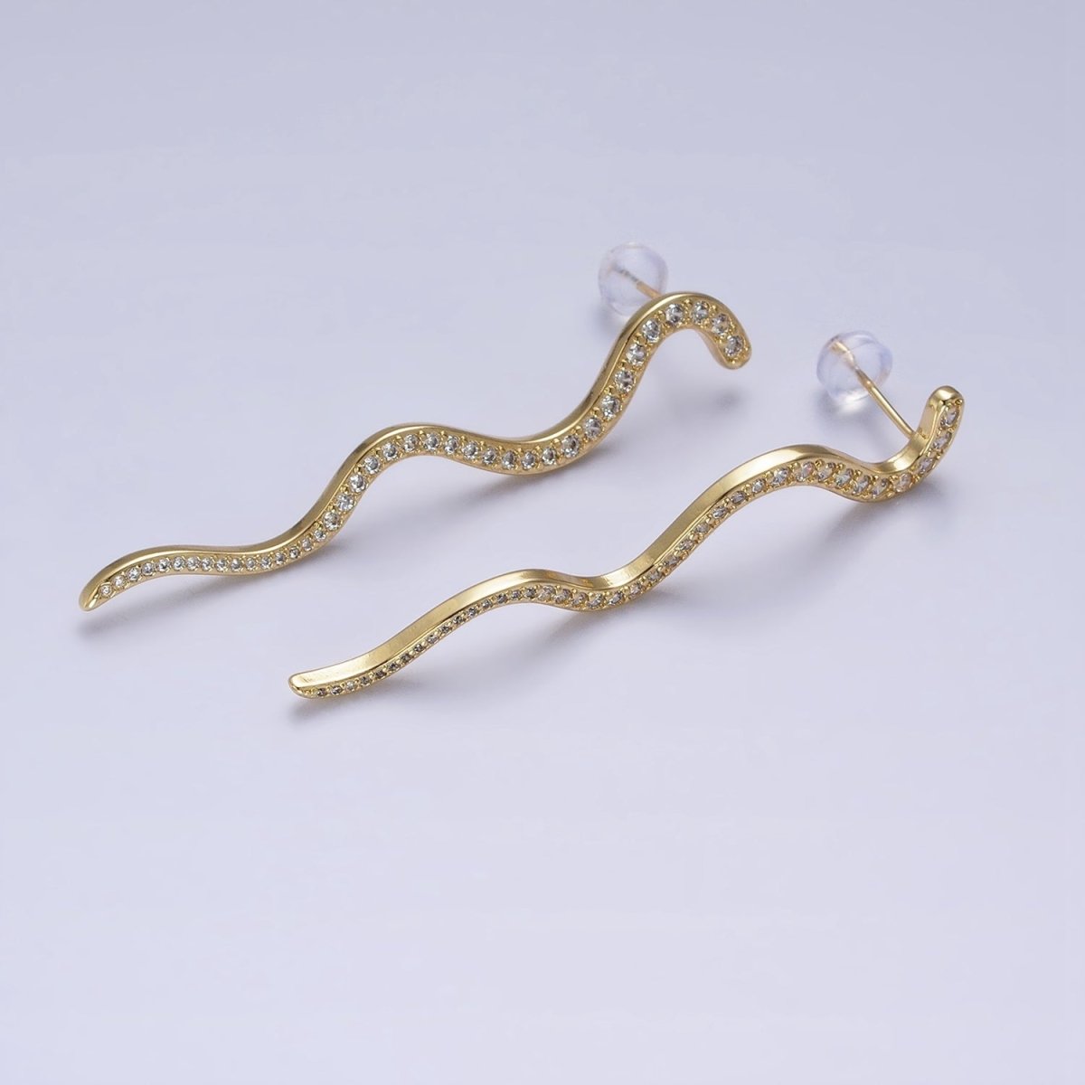 24K Gold Filled 55.7mm Slither Snake Micro Paved CZ Geometric Drop Stud Earrings | AB726