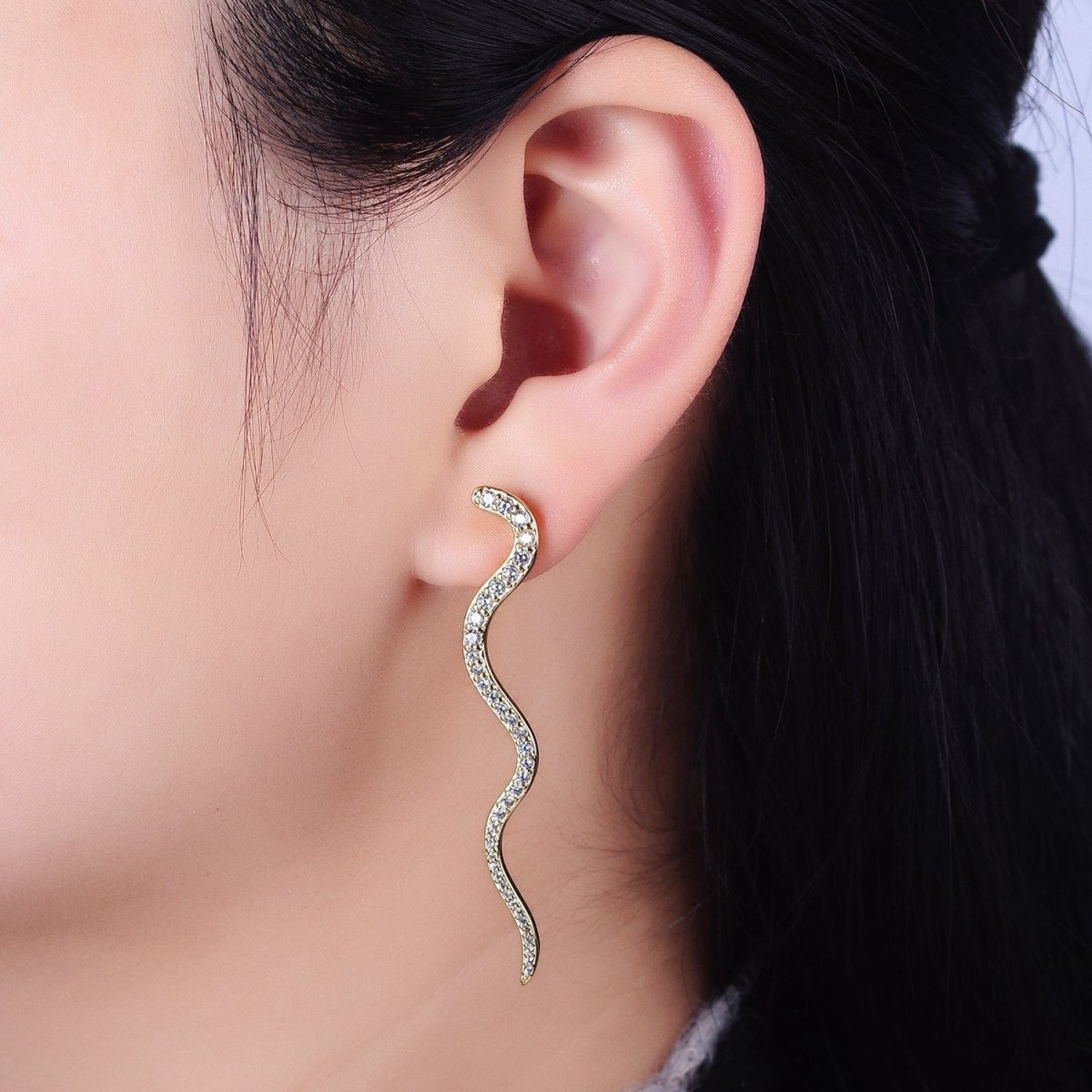 24K Gold Filled 55.7mm Slither Snake Micro Paved CZ Geometric Drop Stud Earrings | AB726
