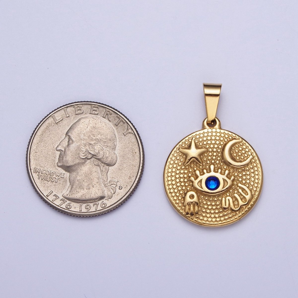 24k Gold Filled Amulet Pendant Lucky Coin with Evil Eye Moon Star Hamsa Hand Charm X-651