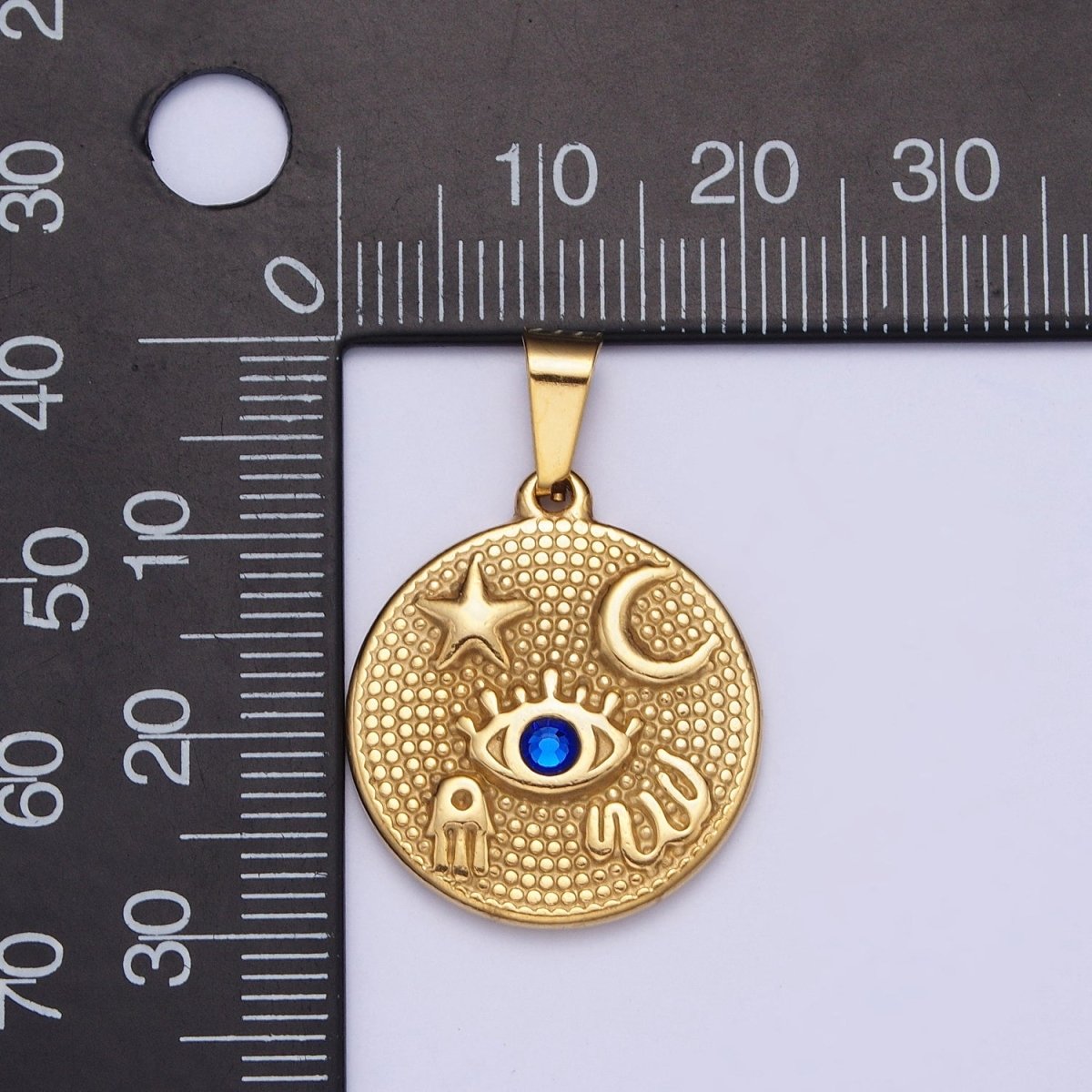 24k Gold Filled Amulet Pendant Lucky Coin with Evil Eye Moon Star Hamsa Hand Charm X-651