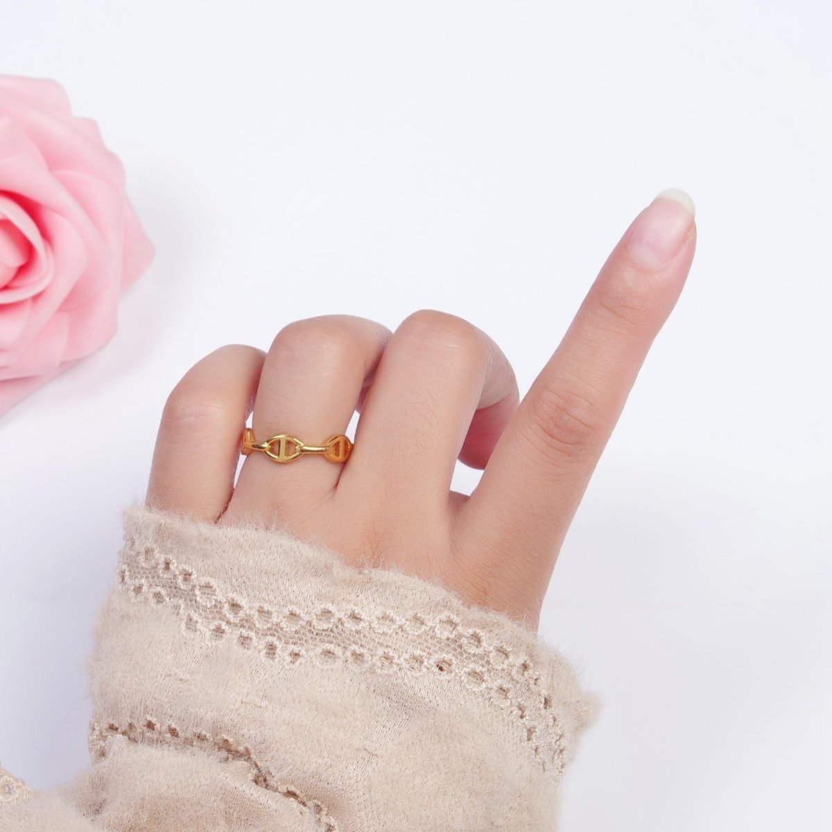 24K Gold Filled Anchor Mariner Chain Link Adjustable Gold Ring | S-382