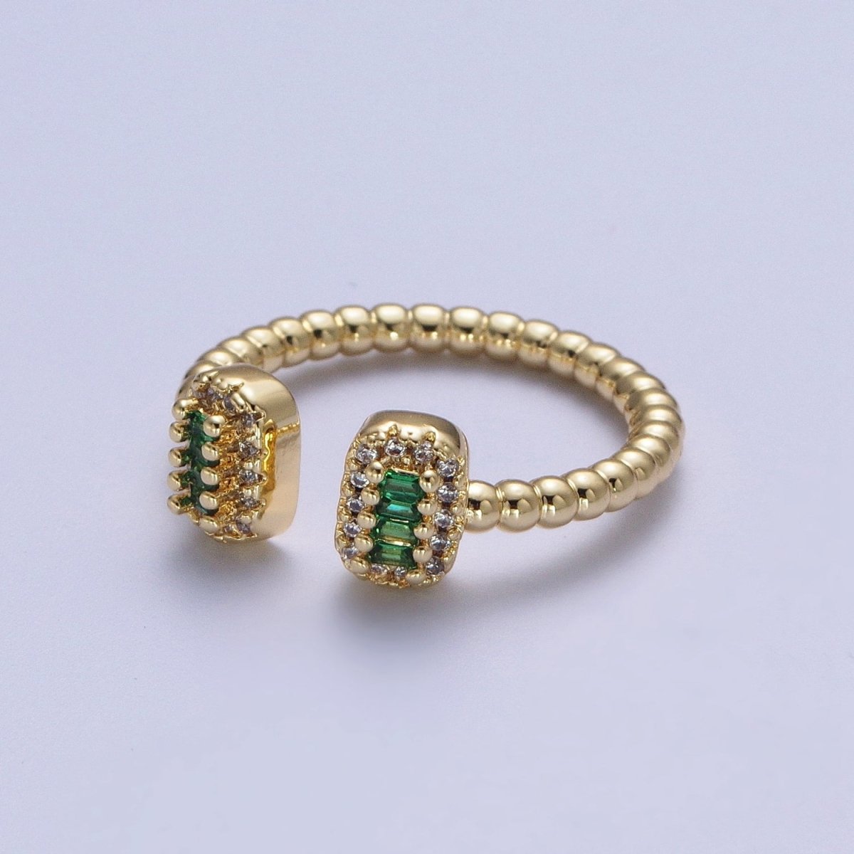 24K Gold Filled Beaded Micro Paved Double Bar Clear Fuchsia Green Baguette Cubic Zirconia Ring | O-135 O-191 O-211