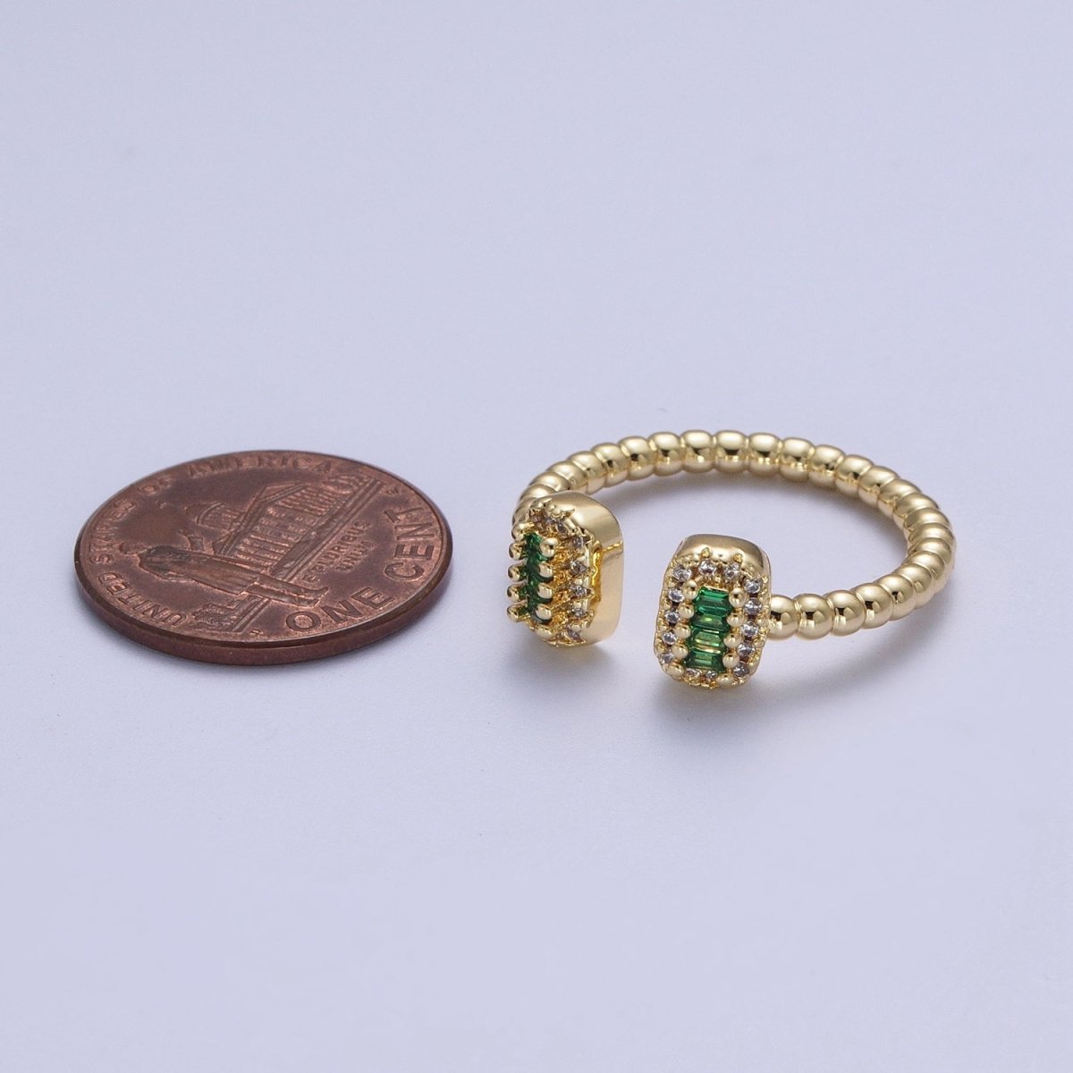 24K Gold Filled Beaded Micro Paved Double Bar Clear Fuchsia Green Baguette Cubic Zirconia Ring | O-135 O-191 O-211