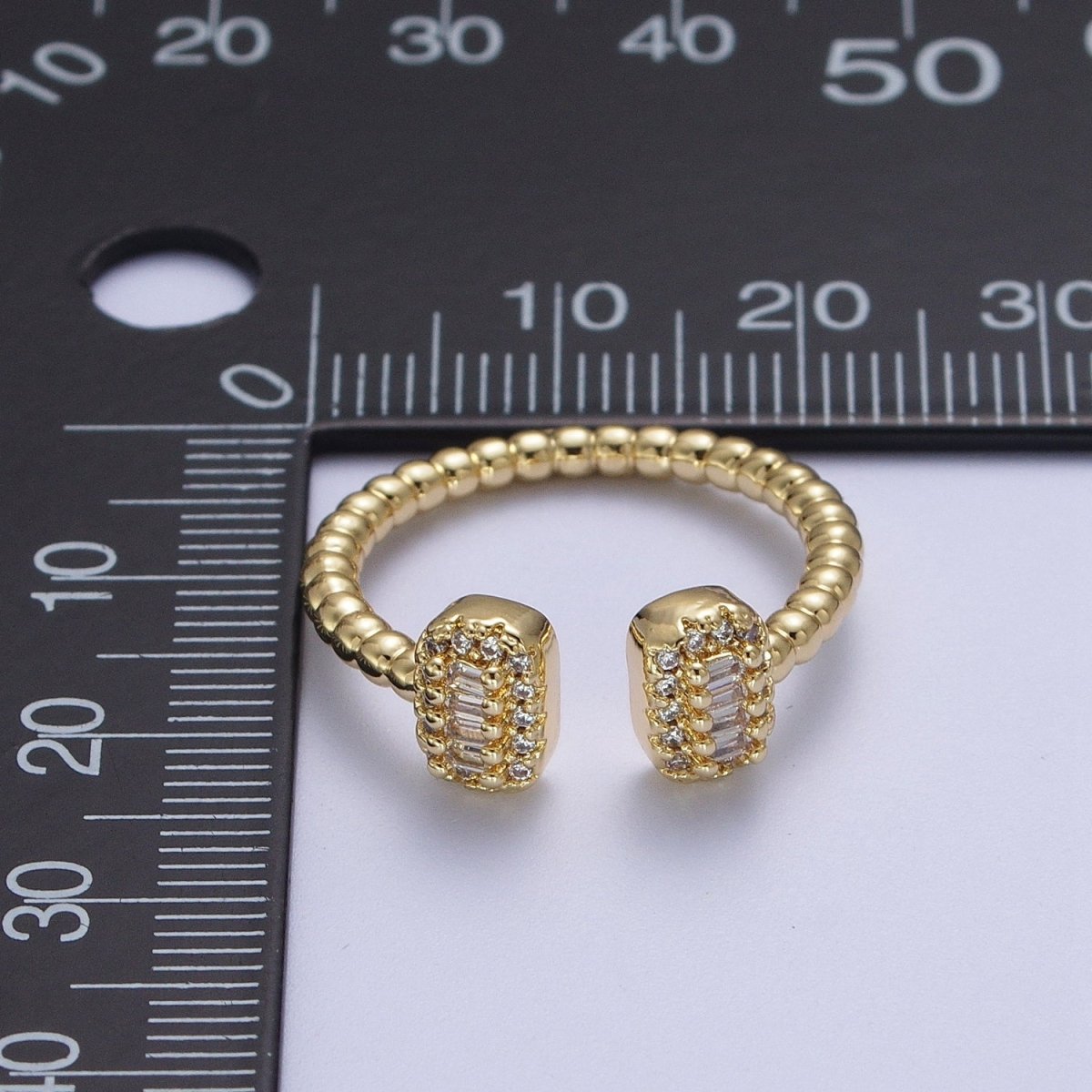 24K Gold Filled Beaded Micro Paved Double Bar Clear Fuchsia Green Baguette Cubic Zirconia Ring | O-135 O-191 O-211